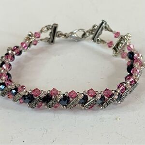 Pink & Black Beaded Crystal Bracelet Twisted Silver Plated Elegant Sparkle 8"